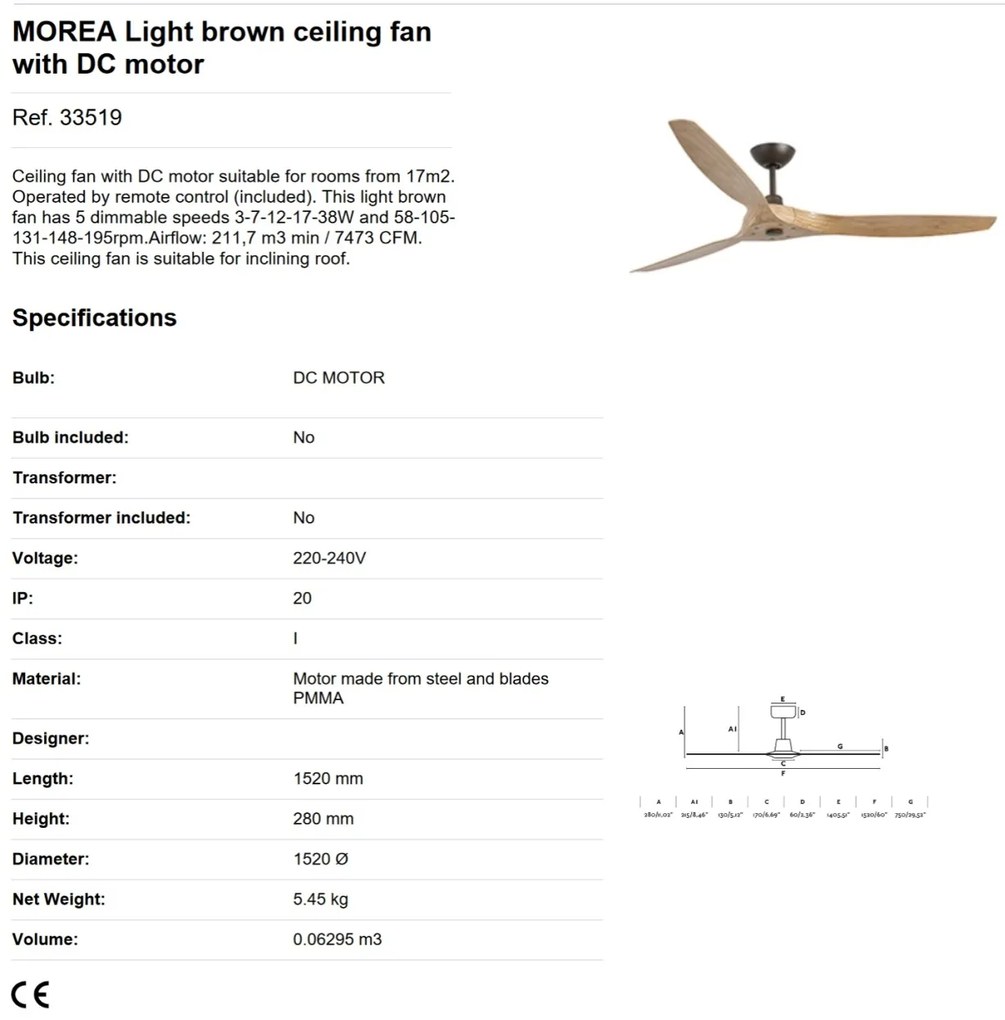 Ventilator de tavan cu telecomanda design modern MOREA maro/ lemn pin