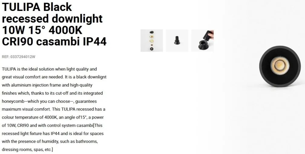 Spot LED incastrabil TULIPA Black recessed downlight 10W 15° 4000K CRI90 casambi IP44