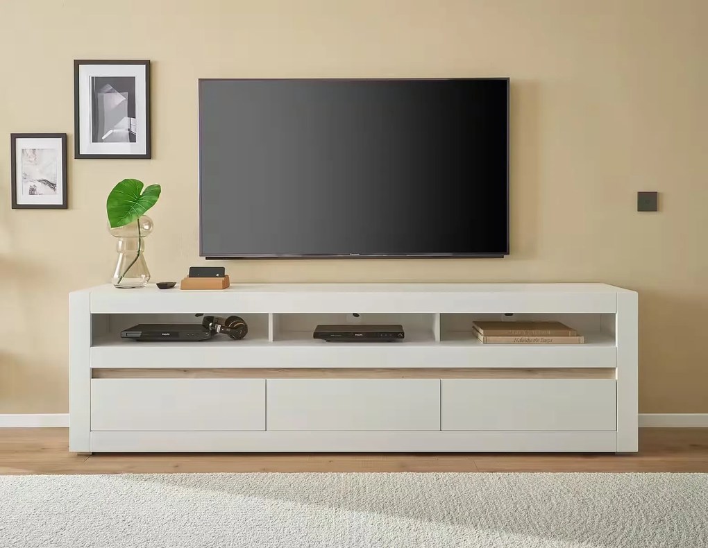 Comodă TV, în stil modern, culoare albă, fronturi MDF, 217 cm lungime