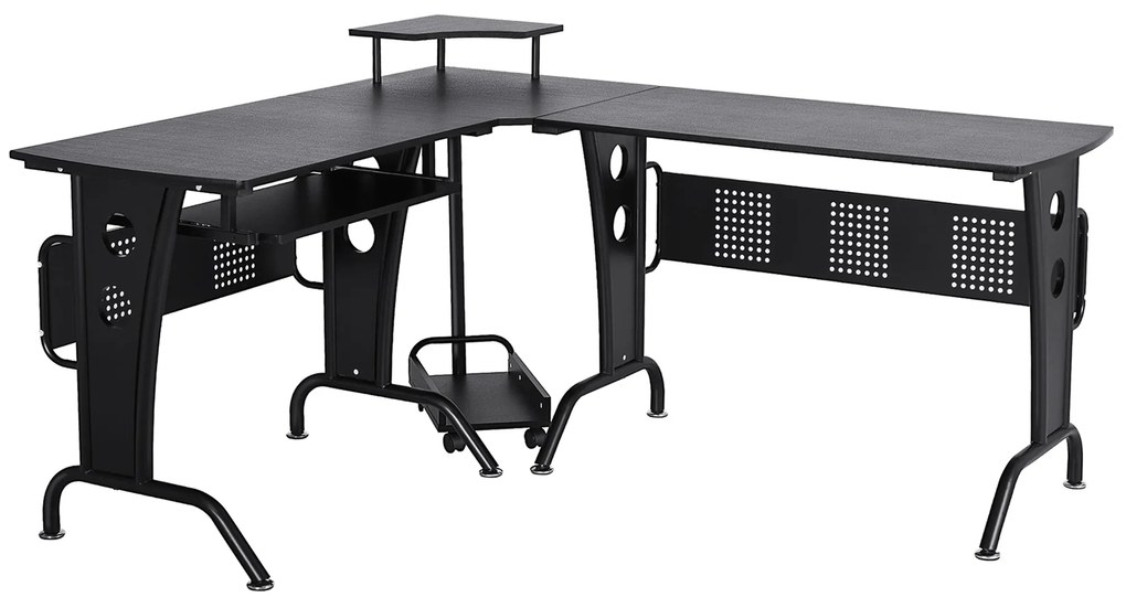 Birou pentru Computer in forma de L cu Suport pentru Tastatura Suport pentru CPU din inox MDF pentru casa birou negru HOMCOM | Aosom RO