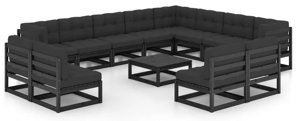 vidaXL Set mobilier grădină perne, 13 piese, negru, lemn masiv pin