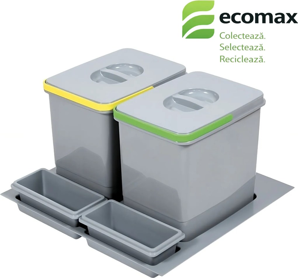 Coș gunoi încorporabil în sertar, Ecomax Praktico 600, colectare selectivă, gri, 2 x 15 l Plastic, L:510 mm; A:475 mm; H:300 mm, 600 mm, Gri
