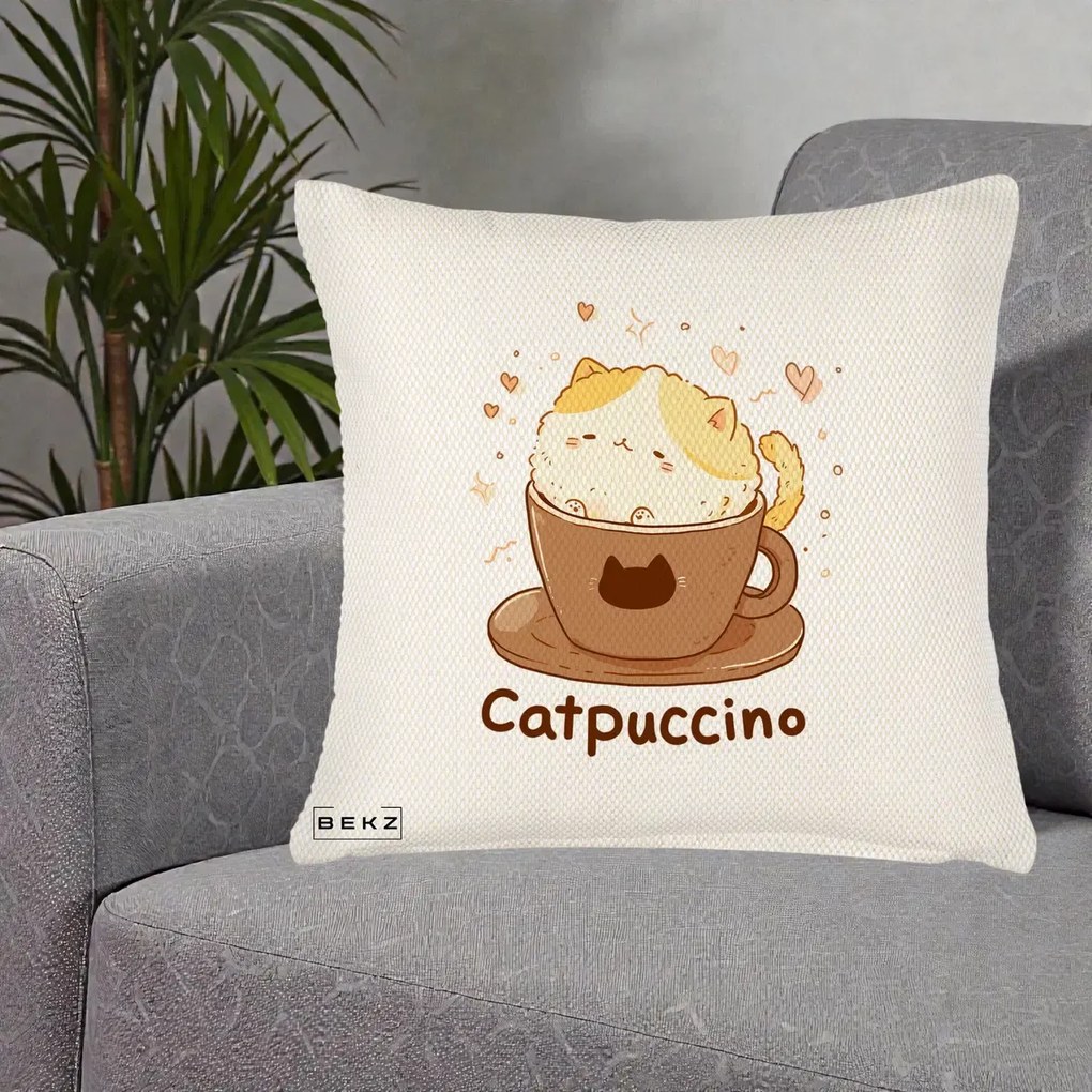 Perna Decorativa Catpuccino Pisica Cappuccino, 40x40 cm, Crem Reliefat, Husa Detasabila, Perna Inclusa, BEKZ®