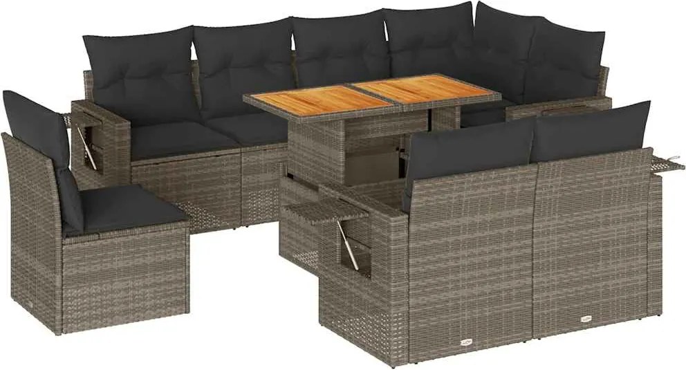 vidaXL Set canapele de grădină, 9 piese, cu perne, gri, poliratan