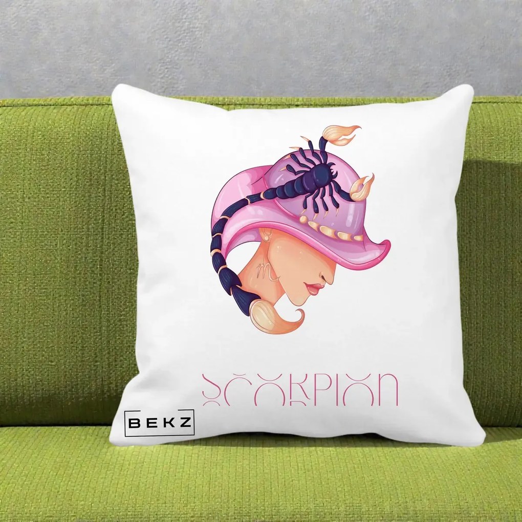 Perna Personalizata Zodiac Scorpion Cowgirl, 40x40 cm, Alba Mata, Husa Detasabila, Perna Inclusa, BEKZ®