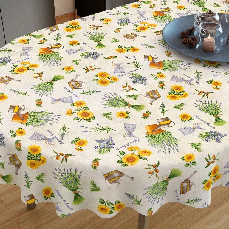 Goldea față de masă decorativă verona - model 529  floarea soarelui și lavandă - ovală 80 x 140 cm