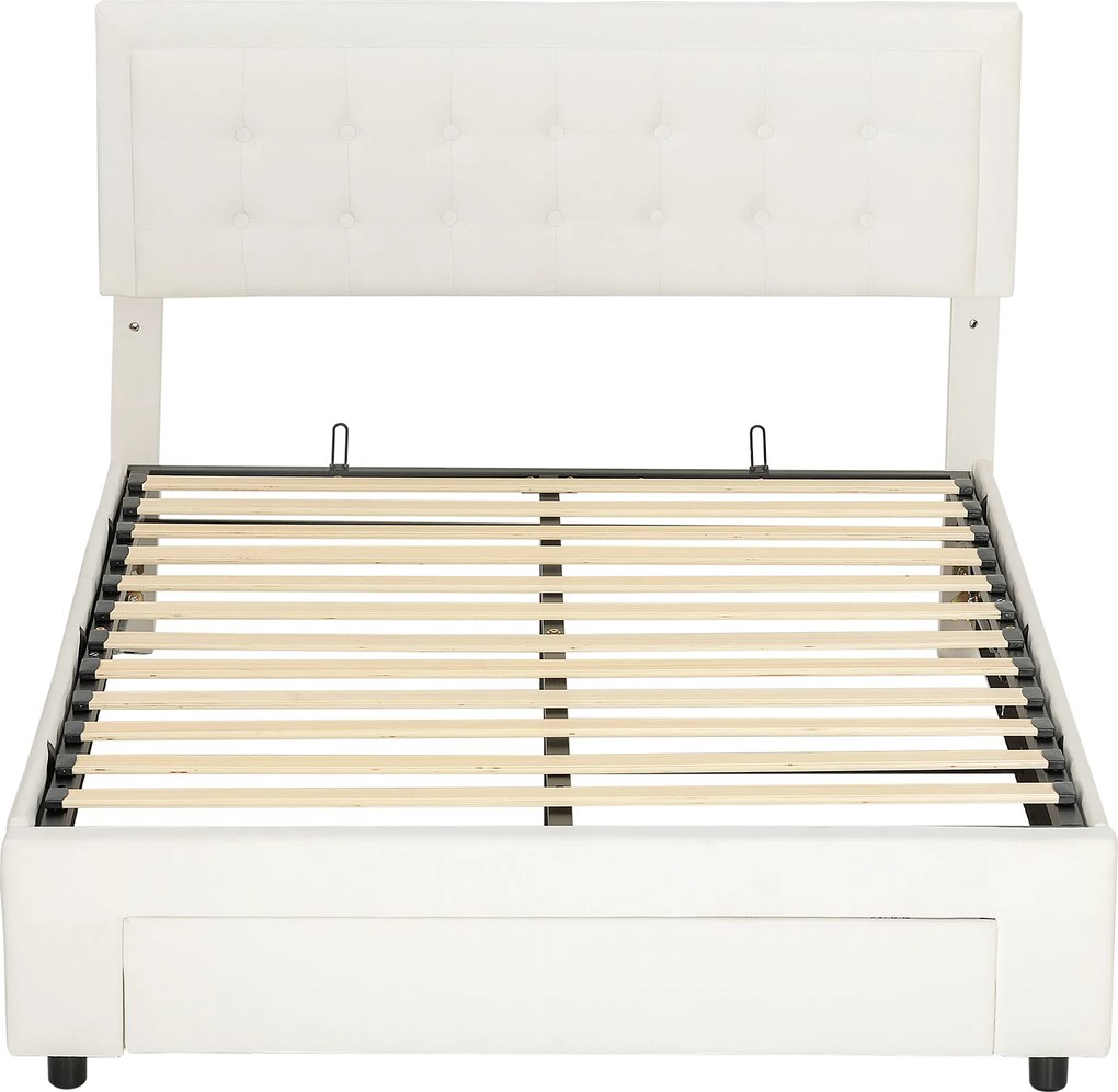 HOMCOM Cadru de pat dublu cu somieră și spațiu de depozitare pe pistoane, sertar pe roți, tăblie reglabilă capitonată efect velur, crem | Aosom Romania