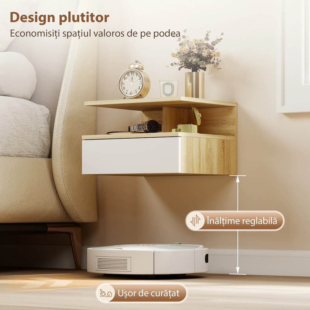 HOMCOM Set de 2 Noptiere Suspendate cu Sertar și Poliță Superioară, Noptiere Moderne din Lemn, 35x32x22.5 cm, Lemn Natural | Aosom Romania