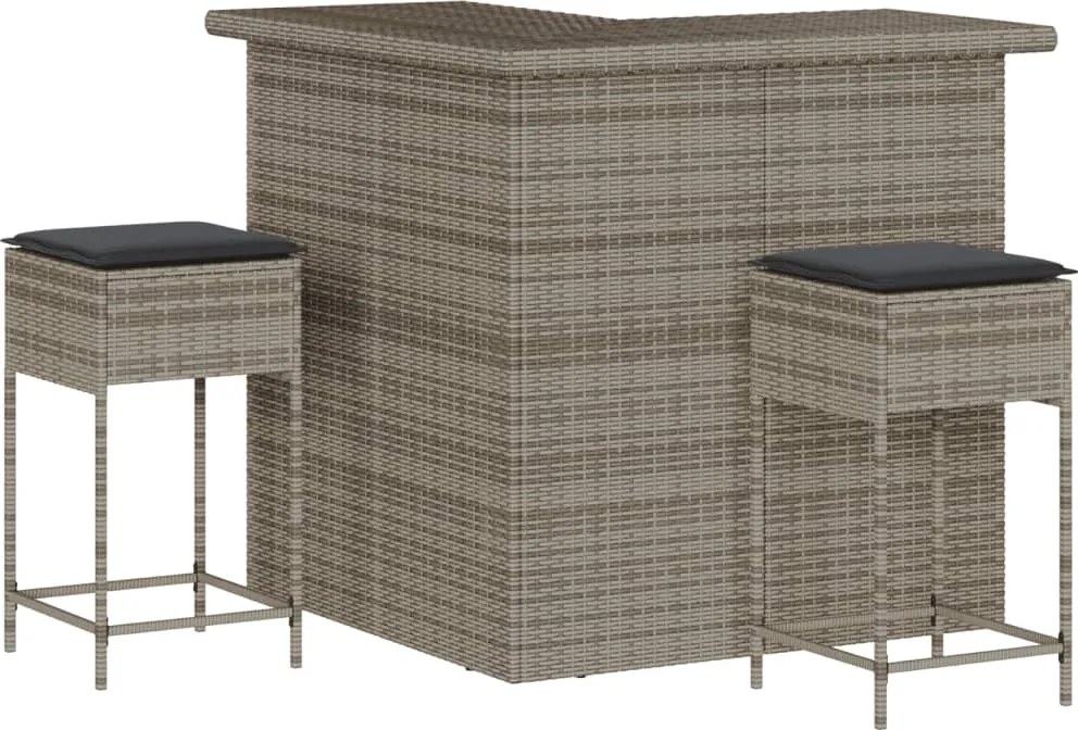 vidaXL Set mobilier bar de grădină, cu perne, 3 piese, gri, poliratan