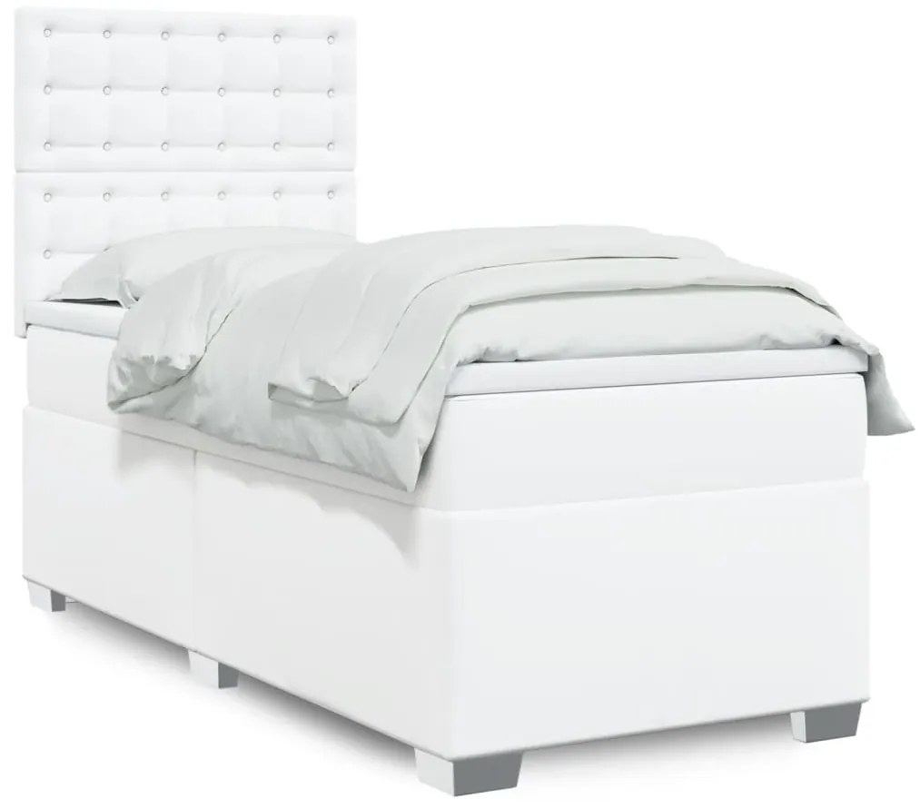 vidaXL Pat box spring cu saltea, alb, 90x190 cm, piele ecologică