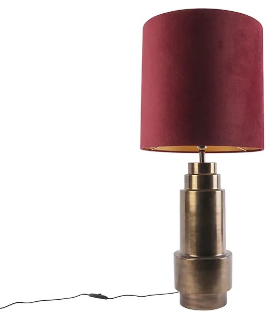 Lampă de masă Art Deco din bronz cu abajur din catifea roșie cu auriu 40 cm - Bruut