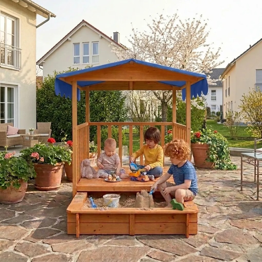 Groapa cu nisip cu verandă HAPPY, 130x130x143cm, maro/albastru Jurhan