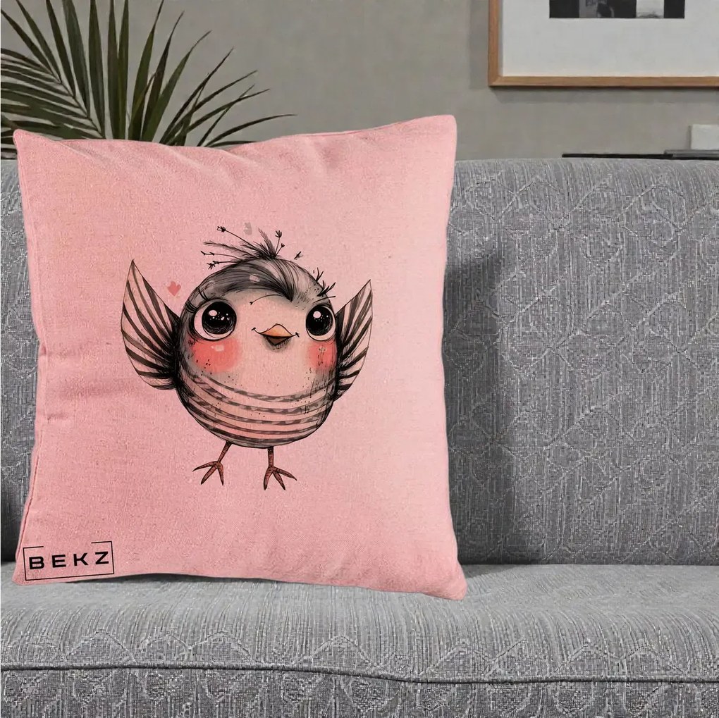 Perna Decorativa Pasare Gri cu Aripi si Inimioare, 40x40 cm, Roz, Husa Detasabila, Perna Inclusa, BEKZ®