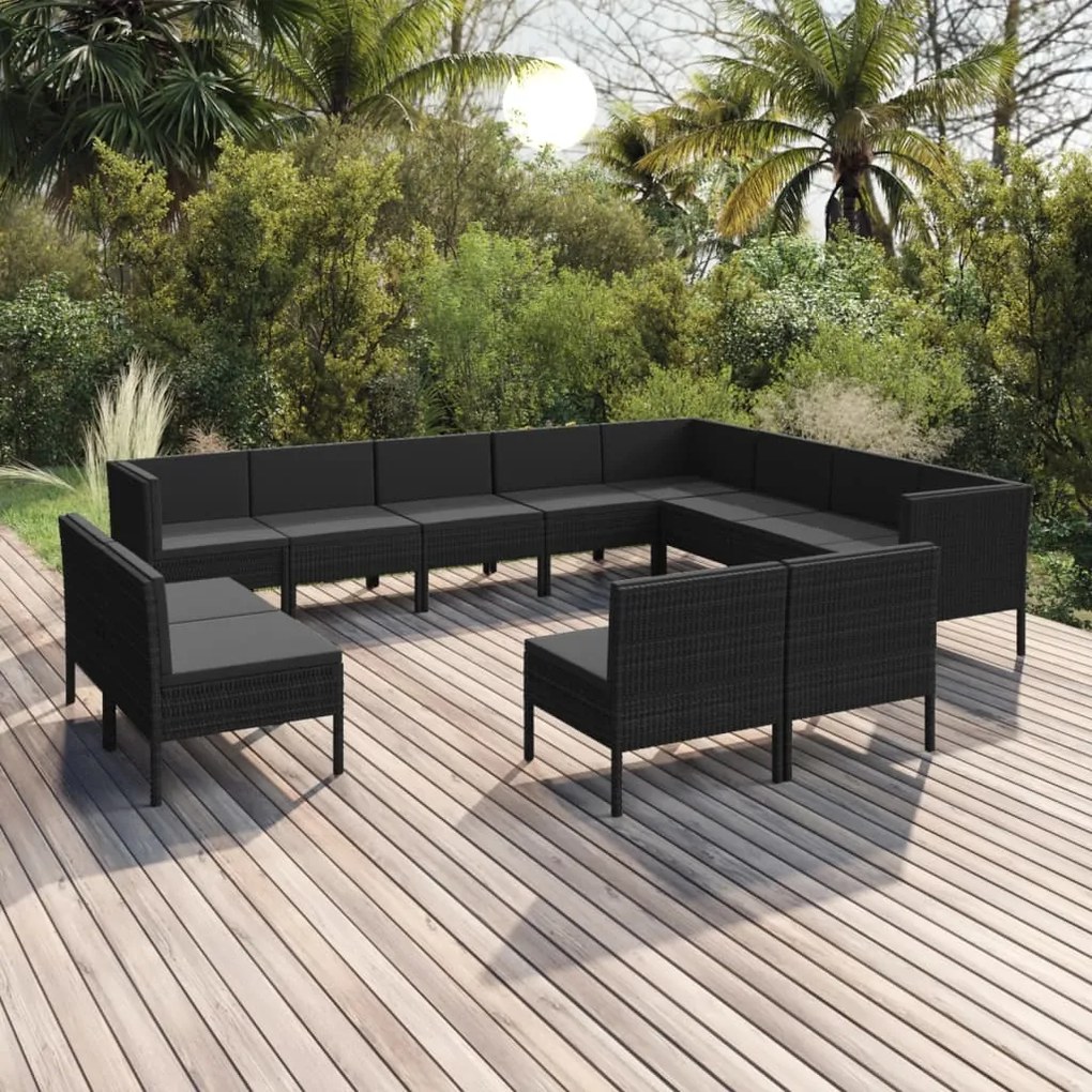 Set mobilier de grădină cu perne, 12 piese, negru, poliratan