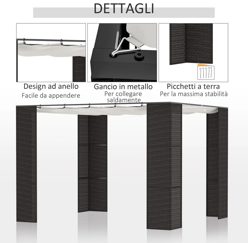 Foisorul Pergola de Gradina Outsunny 2,98x2,98m cu Copertina Retractabila, Structura Metalica si Coloane din Rattan PE, Negru si Alb