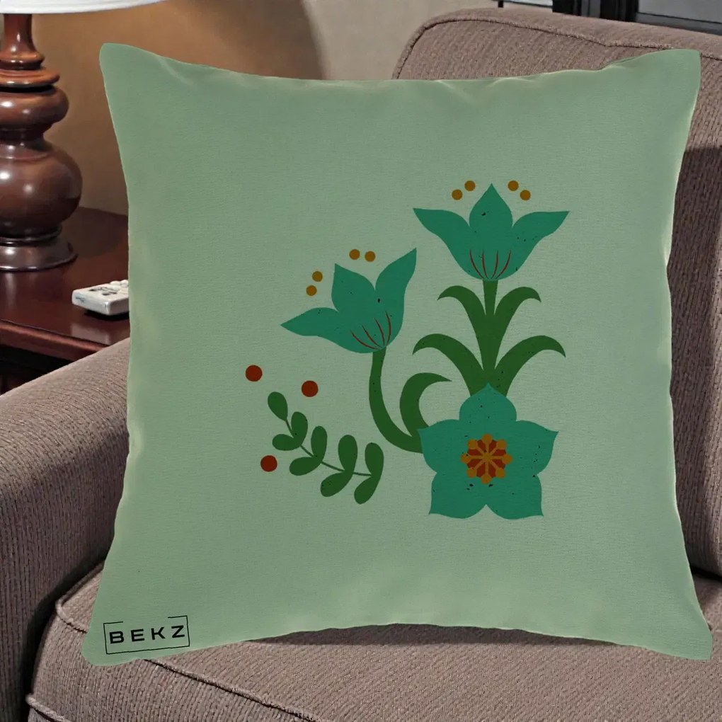 Perna Decorativa Flori Stilizate Folk Turcoaz, 40x40 cm, Verde, Husa Detasabila, Perna Inclusa, BEKZ®