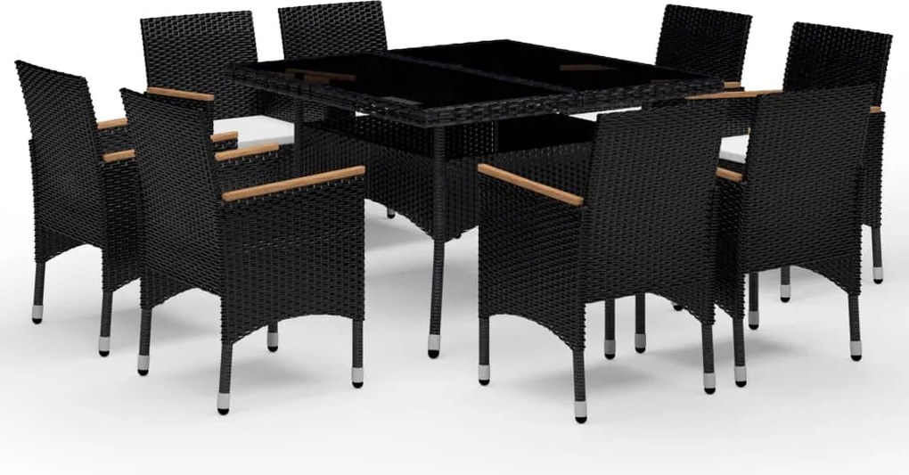 vidaXL Set mobilier grădină, 9 piese, negru, poliratan și lemn acacia