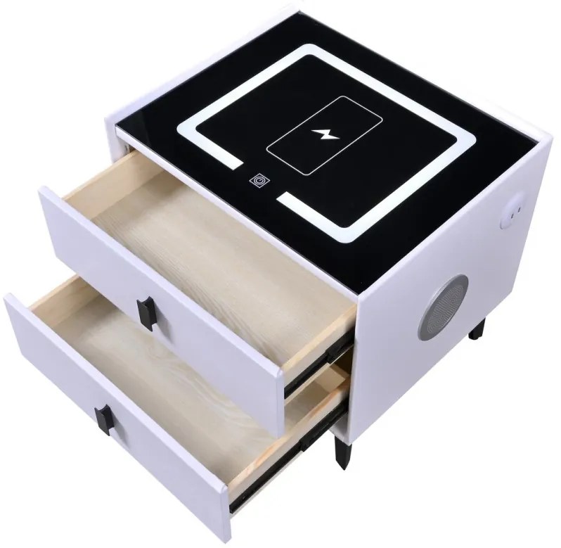 Noptiera SMART Multifunctionala, iluminare LED tactil cu 3 culori, incarcare wireless si USB, difuzor Bluetooth, 2 sertare, Alb