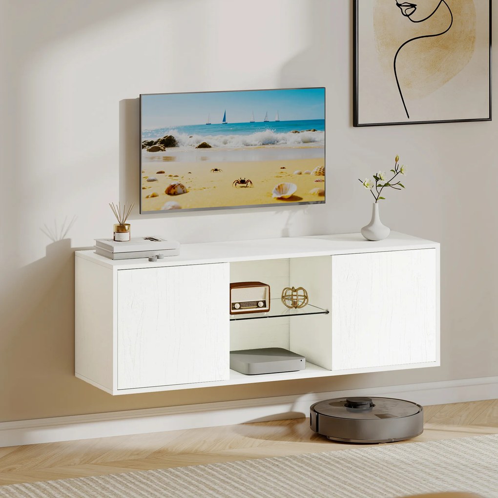 HOMCOM Mobilier Porta TV până la 55", Mobilier TV Suspendat sau pe Podea de 120 cm cu Uși Soft Close, Orificiu pentru Cabluri și Raft din Sticlă, pentru Sufragerie și Salon, Alb Efect Lemn | Aosom Romania