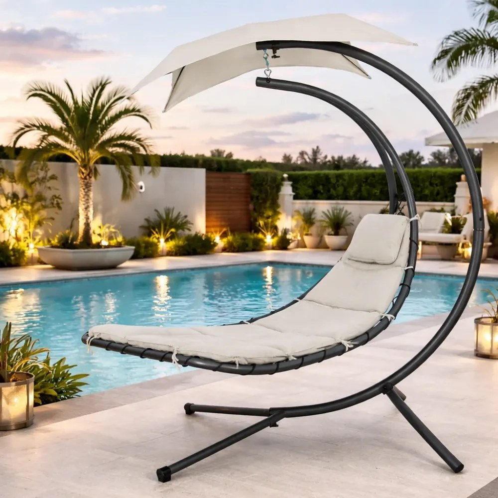 Șezlong suspendat din oțel, cu pernă încorporată, baldachin detașabil, Ivory