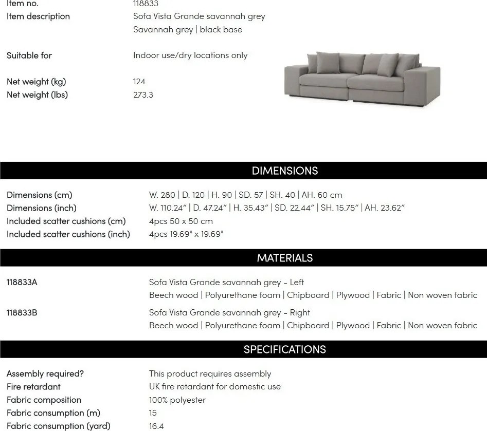 Canapea design LUX Vista Grande, Savannah grey