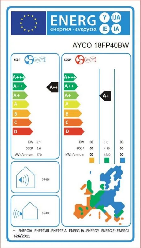 Aparat de aer conditionat cu invertor Ayco 18FP40BW, 18.000 BTU, A++/A+, Pana la 40 m², Autocuratare, Autodiagnosticare, Repornire automata, Alb