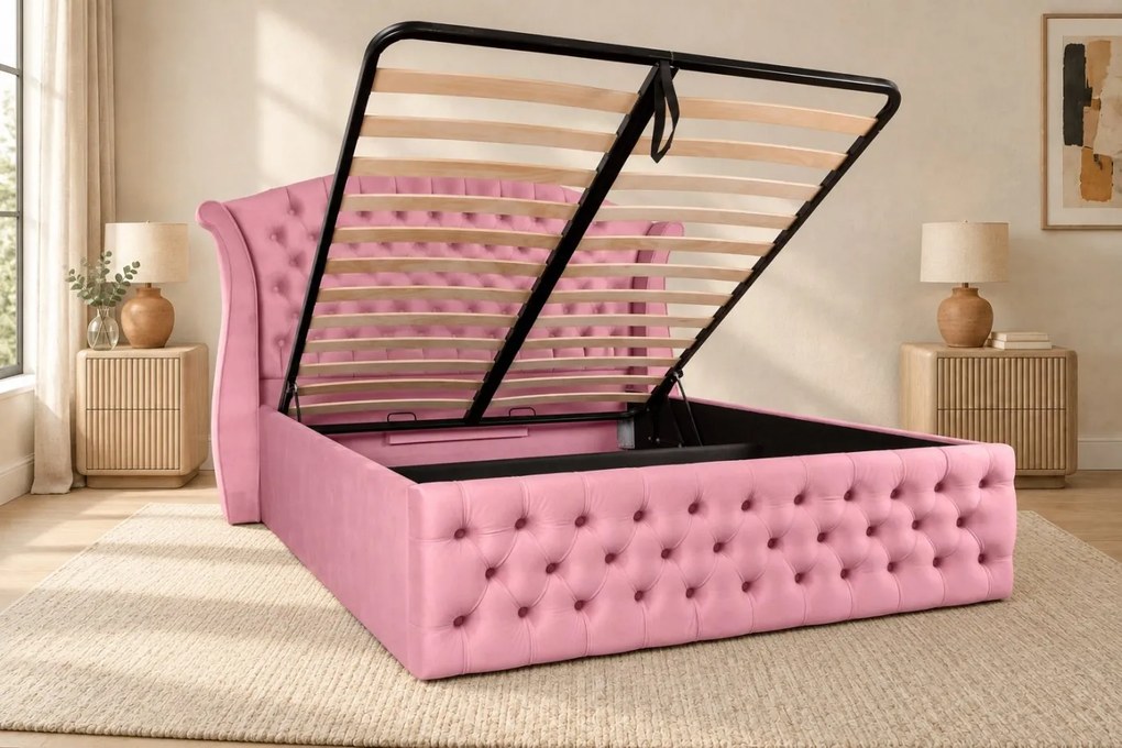 Pat tapițat Chesterfield din catifea Sorella Simple 160×200 cm, roz, cu ladă de depozitare