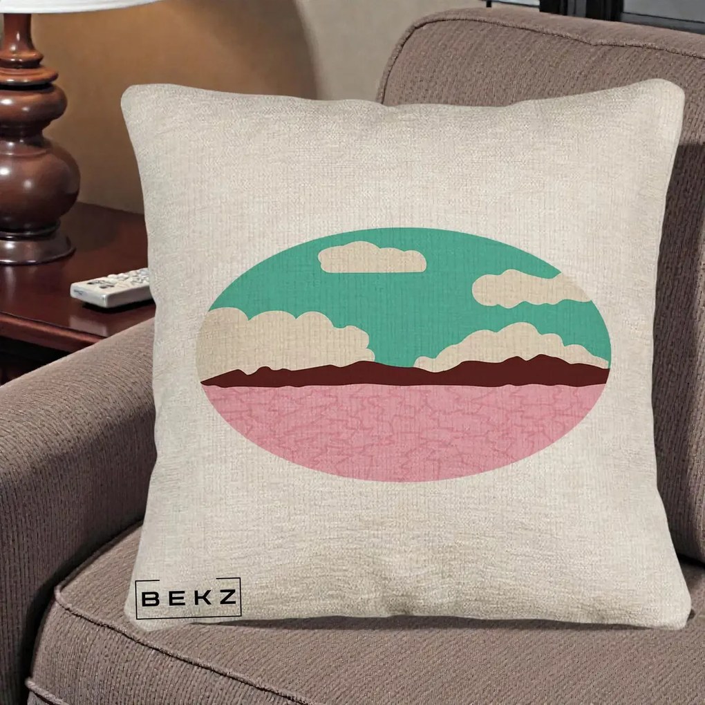 Perna Decorativa Peisaj Desert Oval Pastel, 40x40 cm, Bej Canapea, Husa Detasabila, Perna Inclusa, BEKZ®