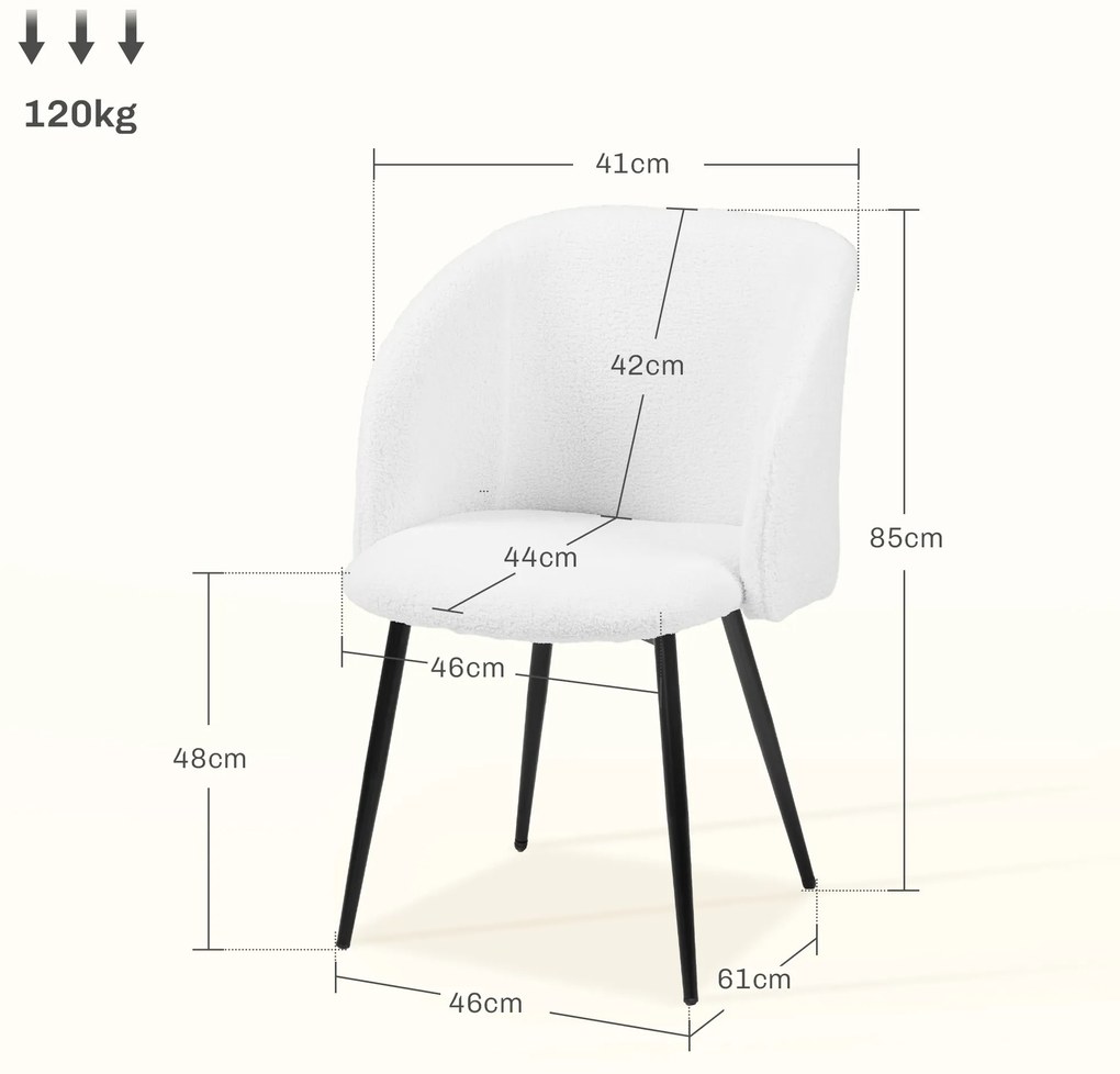HOMCOM Set de 2 scaune de dining cu spătar din material textil cu efect de lână buclată picioroane din oțel 55 x 62 x 80 cm alb negru | Aosom Romania