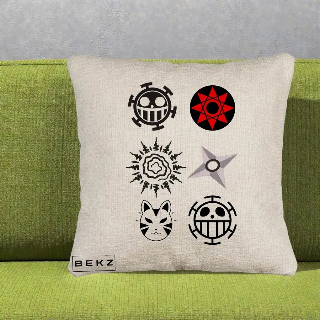 Perna Personalizata Simboluri Anime Mix - Naruto One Piece, 40x40 cm, Bej Canapea, Husa Detasabila, Perna Inclusa, BEKZ®