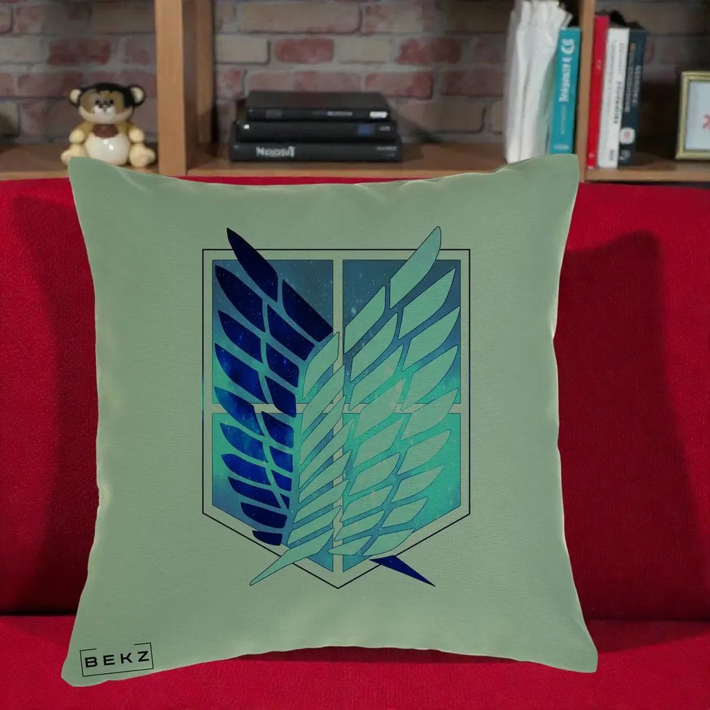 Perna Personalizata Attack on Titan Wings of Freedom, 40x40 cm, Verde, Husa Detasabila, Perna Inclusa, BEKZ®