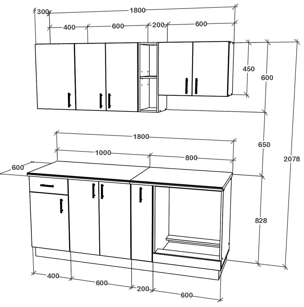 Set Bucatarie Karo V9, Gri Lucios/Alb, MDF, Blat Thermo 28 mm, L 180 cm