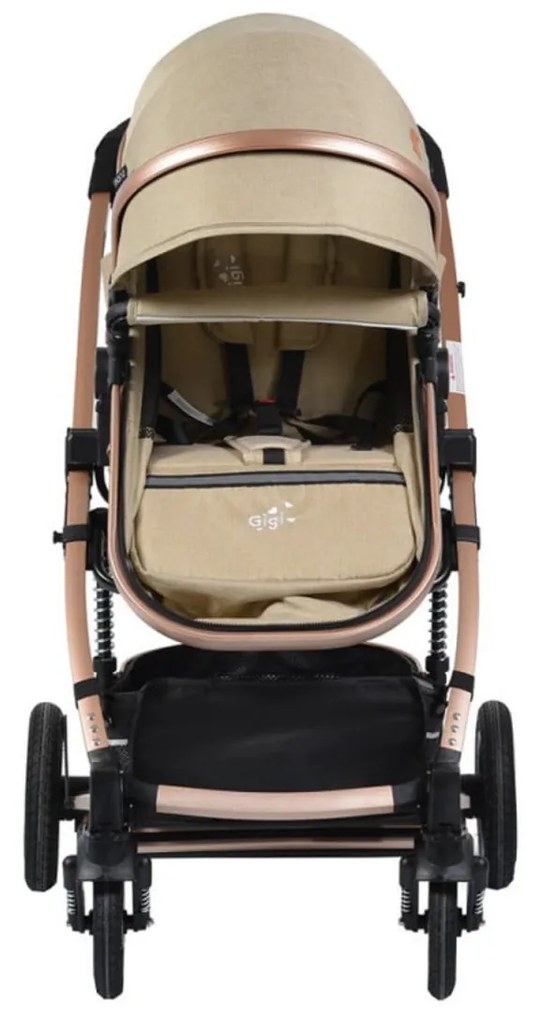 Carucior nou nascuti 2 in 1 NOVOKIDS™ GIGI PRO , Cu geanta bebe inclusa, Roti din cauciuc plin AVE, Cadru aluminiu Gold, Maner reversibil, Spatar
