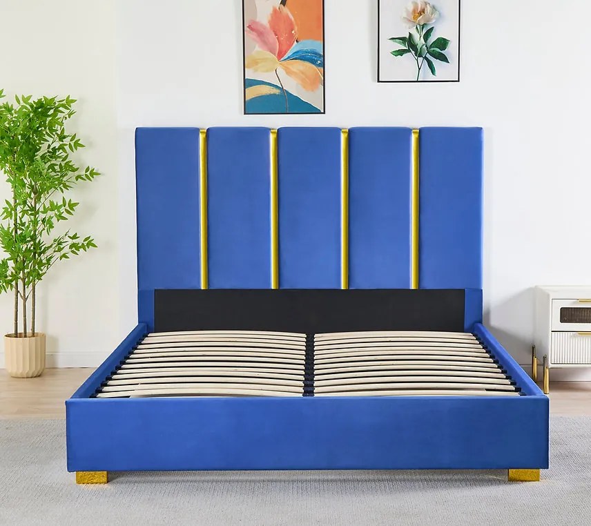 Pat Tapitat Catifea Albastru 160x200 cm cu Somiera si Saltea  Inclusa ,   Cod LB-214