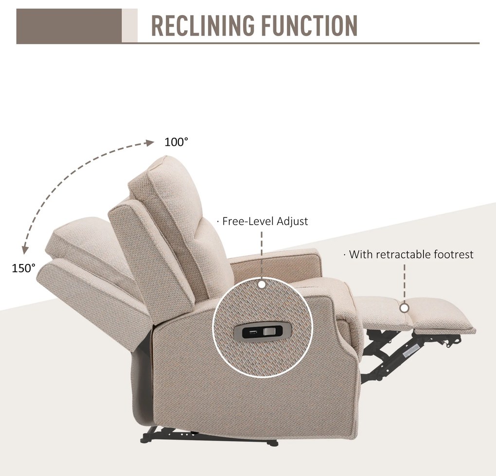 HOMCOM Fotoliu Electric, Fotoliu Rabatabil la 150° Modern cu USB pentru Camera de Zi, Dormitor, 84x94x102 cm, Bej | Aosom Romania