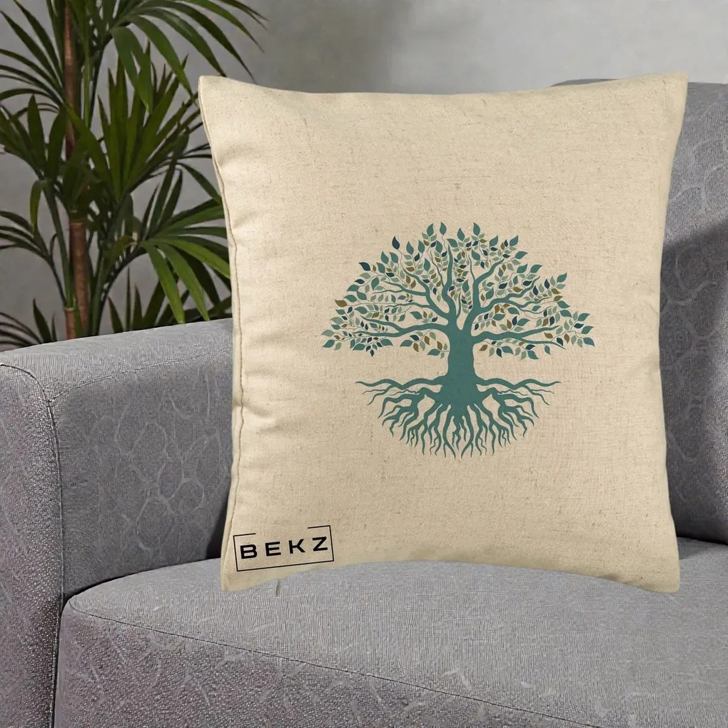 Perna Decorativa Copacul Vietii Teal cu Radacini, 40x40 cm, Bej, Husa Detasabila, Perna Inclusa, BEKZ®