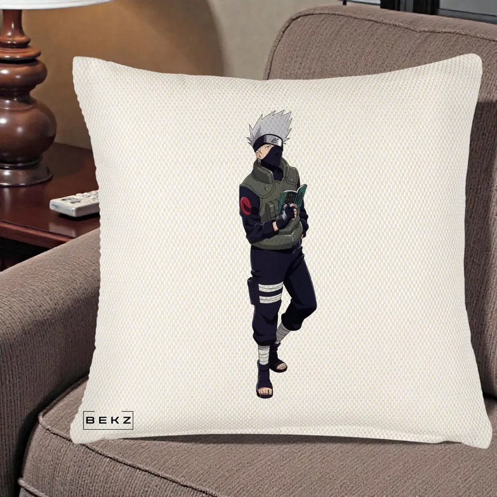Perna Personalizata Naruto Kakashi Hatake Portret Complet, 40x40 cm, Crem Reliefat, Husa Detasabila, Perna Inclusa, BEKZ®