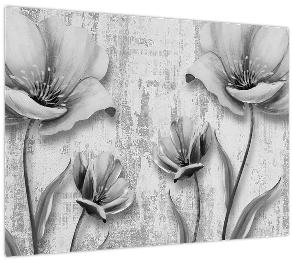 Tablou pe sticlă - Flori alb-negru pe fundal (70x50 cm)