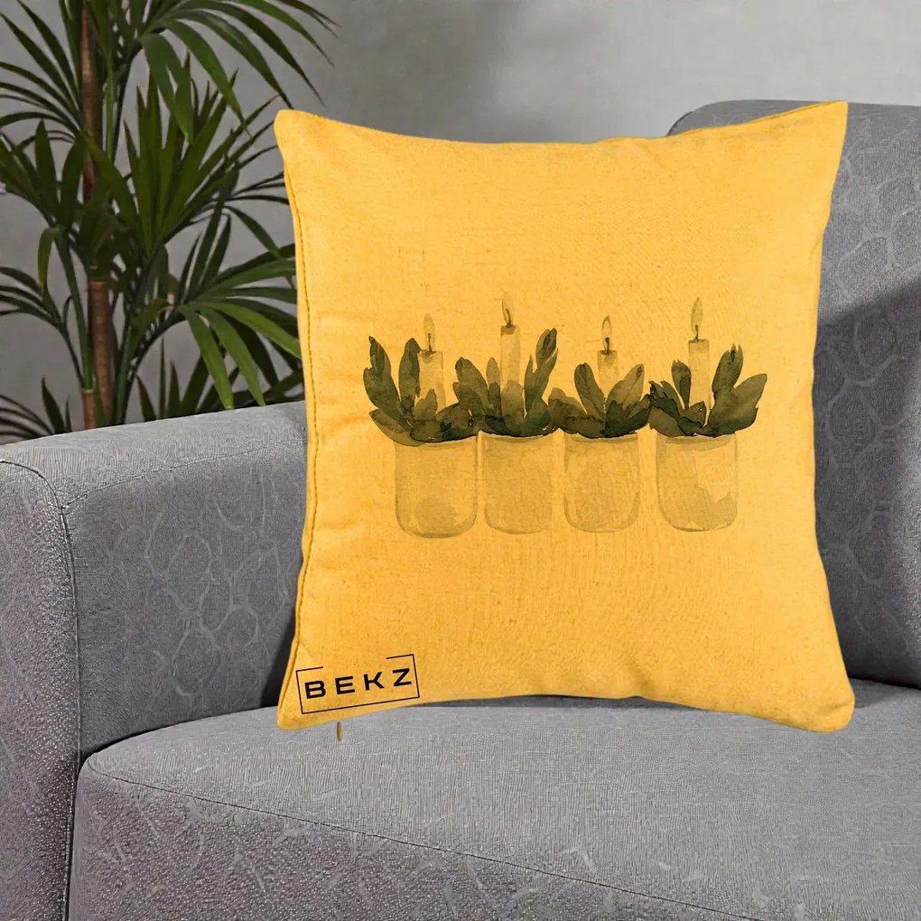 Perna Decorativa Lumanari in Borcane cu Eucalipt, 40x40 cm, Galben, Husa Detasabila, Perna Inclusa, BEKZ®