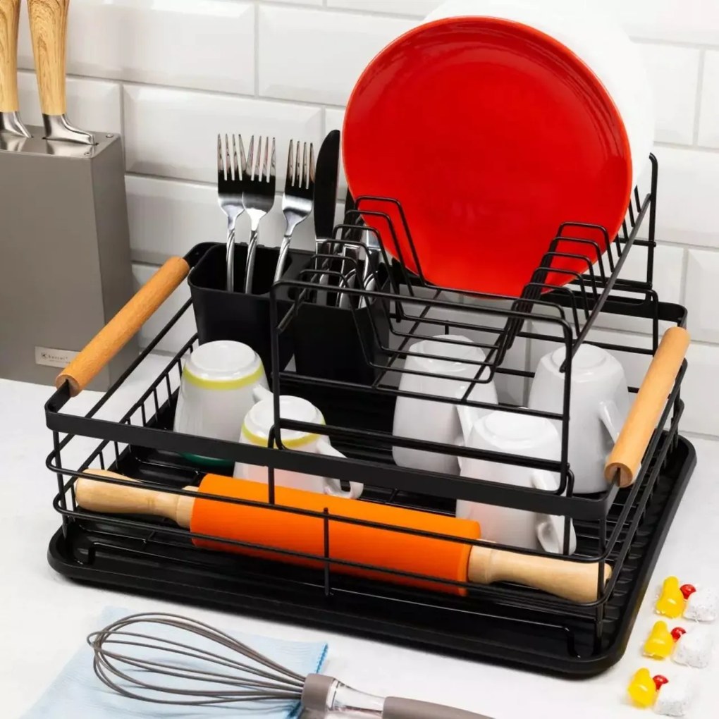 Suport pentru vase pe două niveluri, din oțel, plastic și lemn, negru – KINGHoff KH-1796