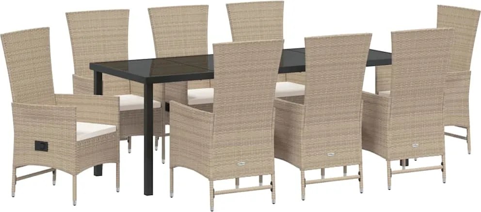 vidaXL Set de masă pentru grădină cu pernă 9 pcs Bej poliratan