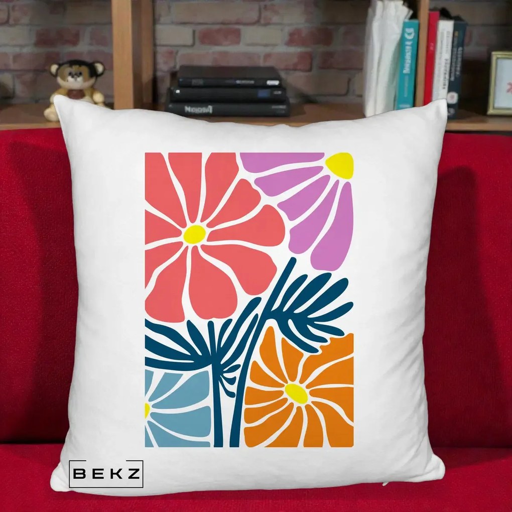 Perna Decorativa Flori Grafice Roz-Orange-Albastru, 40x40 cm, Alb Pufos, Husa Detasabila, Perna Inclusa, BEKZ®
