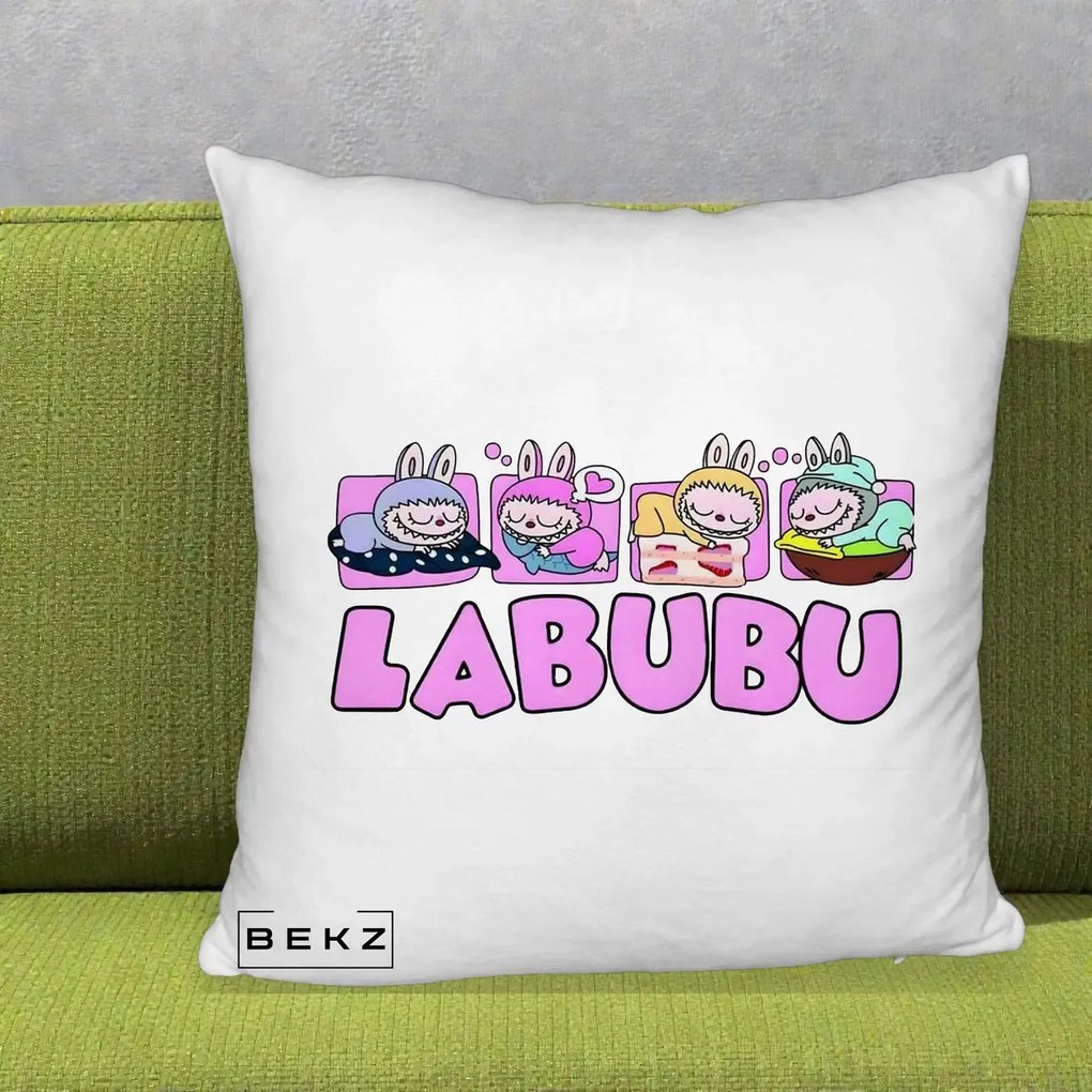 Perna Personalizata Labubu Sleeping Quad, 40x40 cm, Alb Pufos, Husa Detasabila, Perna Inclusa, BEKZ®
