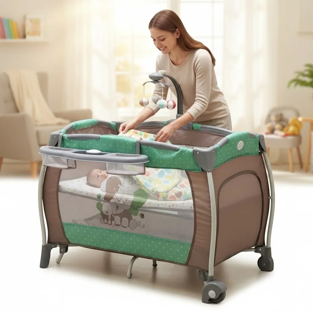 Patut Pliabil rotund cu balansoar, Tarc copii Baby Care™ PRO FRW, 2 Niveluri de inaltime, Cu melodii si Masa infasat, Carusel cu jucarii din plus,