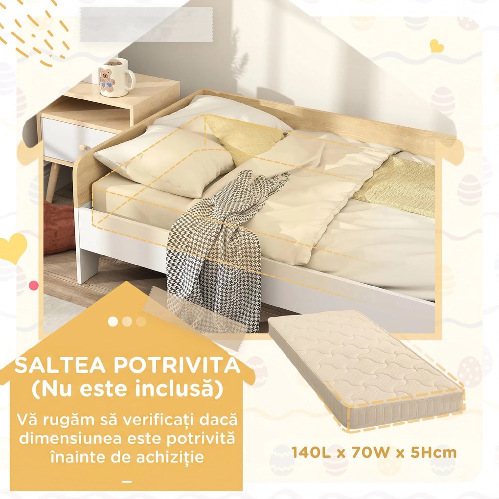 AIYAPLAY Pat pentru Copii 3-8 Ani, 143,5x74 cm, cu Panouri Laterale Înalte, Profil Jos, Alb | Aosom Romania