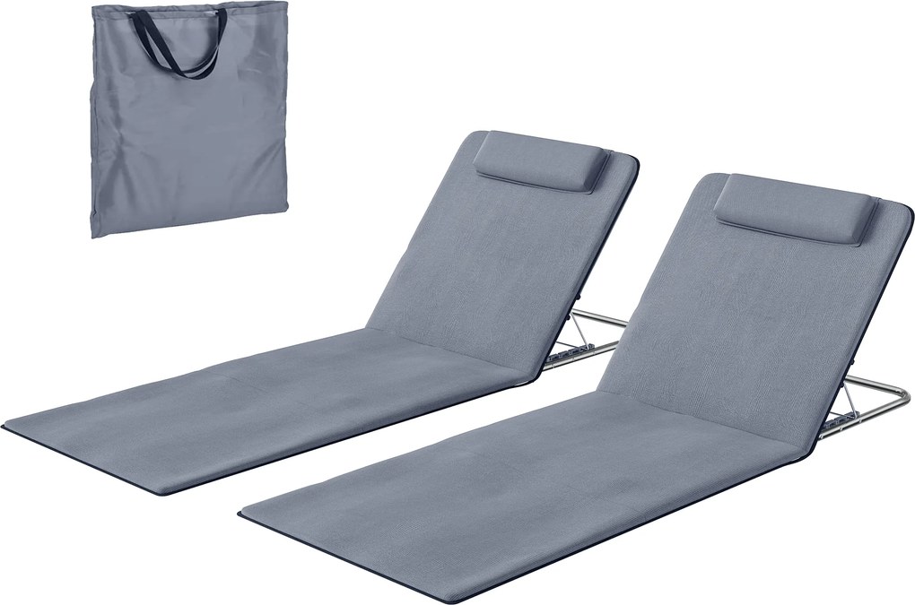 Outsunny Set de 2 Saltele cu Spătar Rabatabil, Suport pentru Cap și Geantă de Transport 134x48x33-43 cm Gri | Aosom Romania