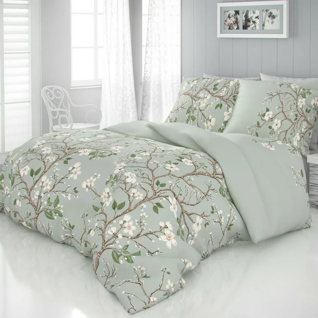 Lenjerie pat satin Primăvara verde, 240 x 220 cm, 2 buc. 70 x 90 cm