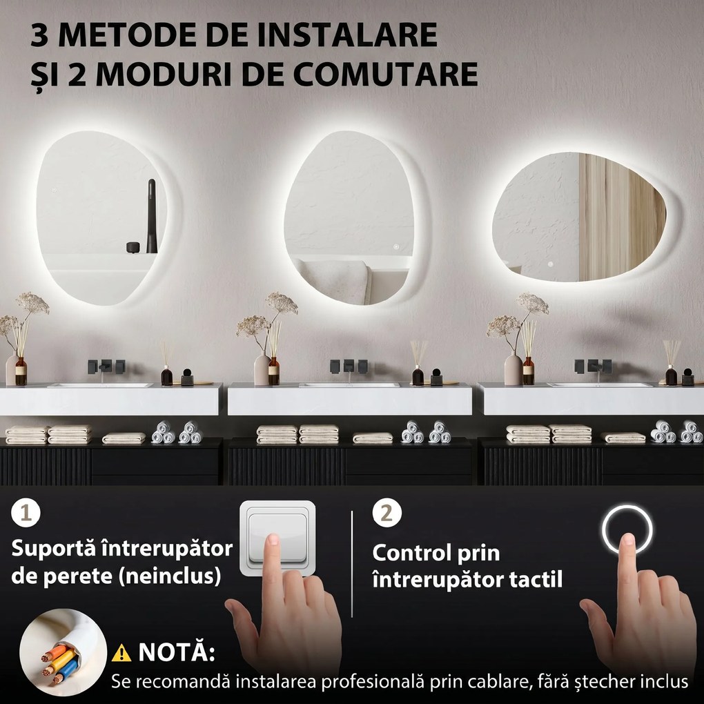 HOMCOM Oglindă de Baie LED cu Comutator Tactil Inteligent și  Intensitate Reglabilă, 80x5x60 cm, Argintiu | Aosom Romania