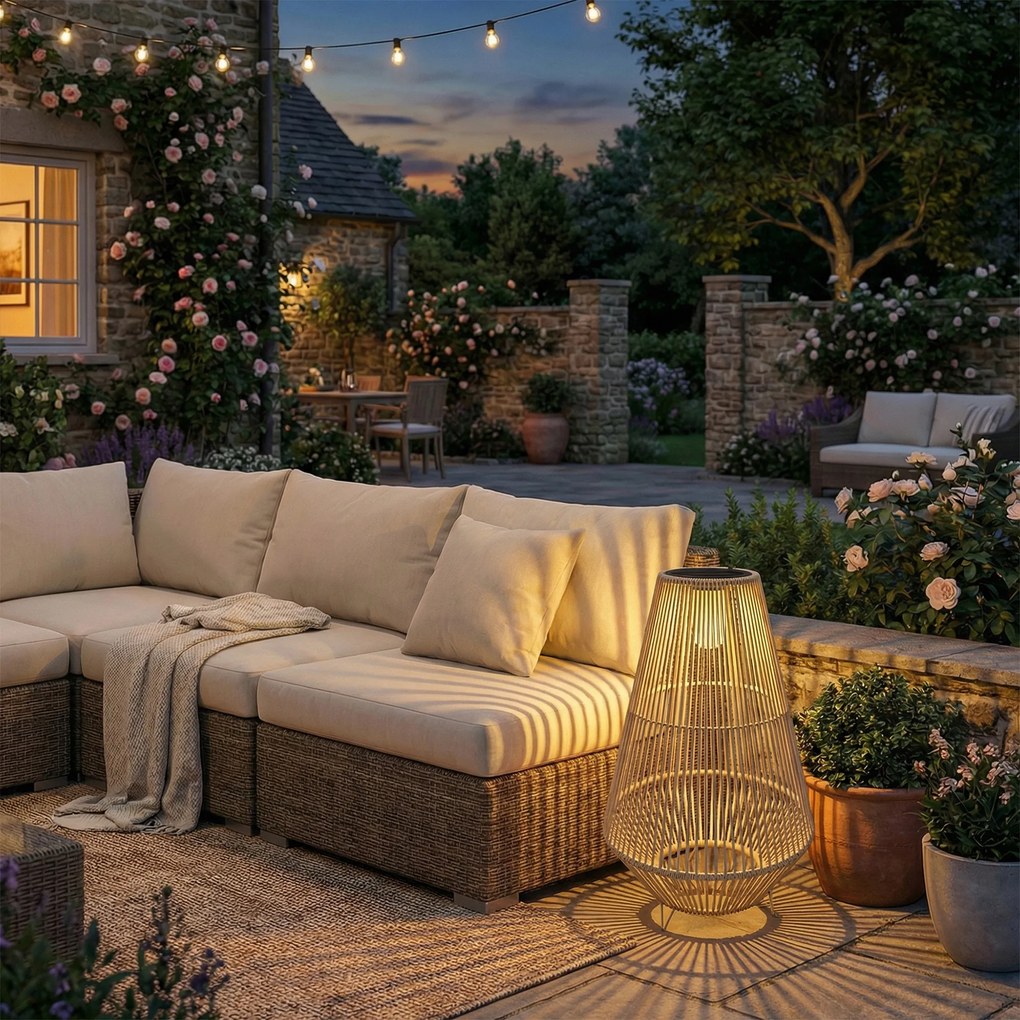 Outsunny Lampă Solară din Ratan, Lanternă de Grădină cu Aprindere/Oprire Automată, IP44, Impermeabilă și Decorativă, pentru Terasă, Verandă, Patio, 35x35x55 cm, Galben | Aosom Romania