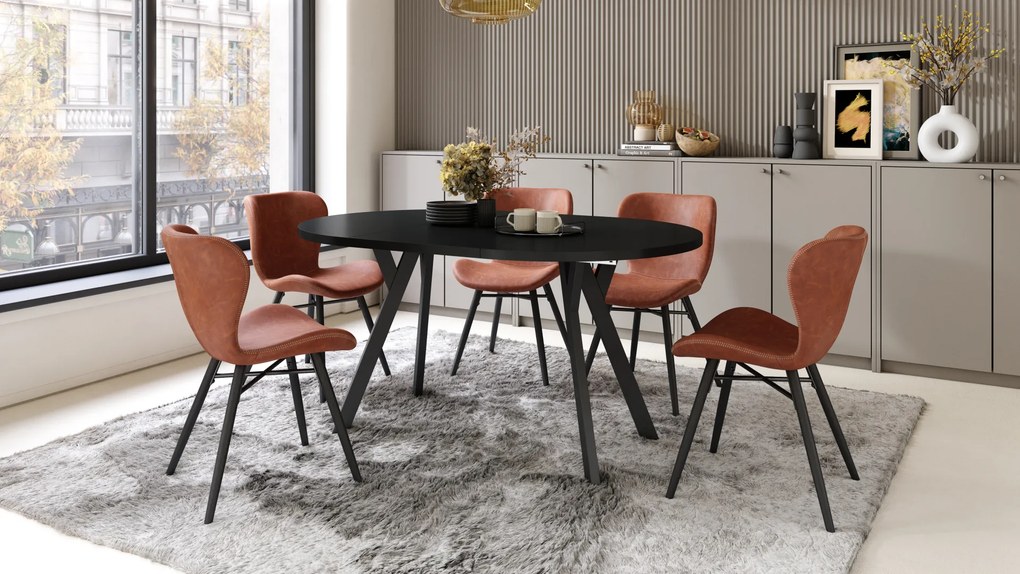 Mazzoni ALMO Negru/picioare negre - MASĂ ROTUNDĂ EXTENSIBILĂ CU PICIOARE ÎN FORMĂ DE Y STIL LOFT PENTRU SALON/SUFRAGERIE